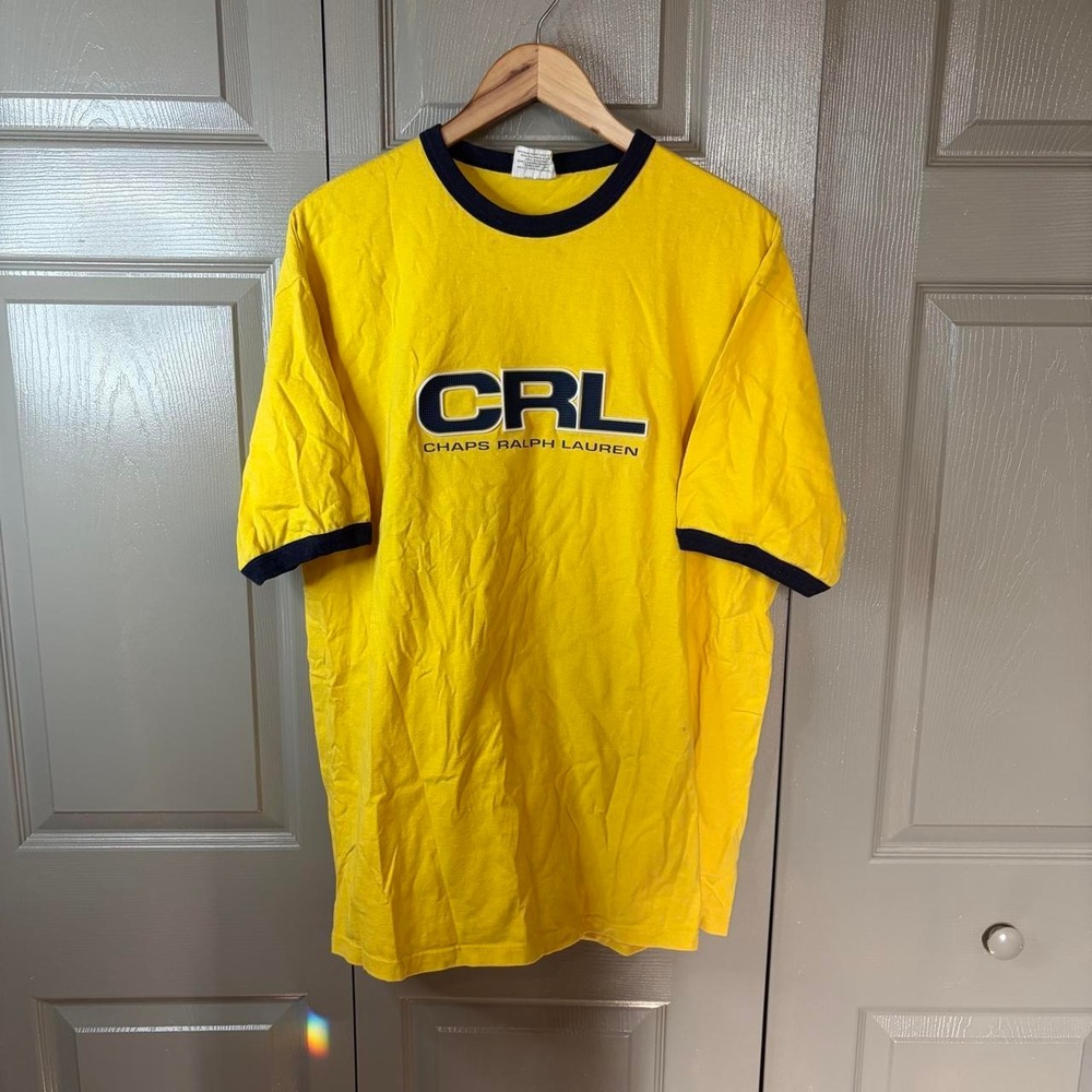 Chaps Ralph Lauren Vintage Y2K Ringer T-Shirt Yellow Navy CRL Logo Mens Large